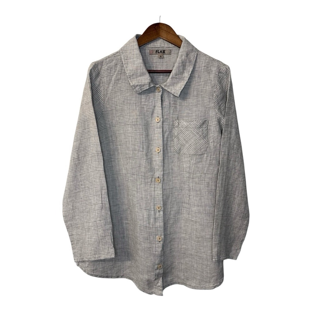 NEW Flax linen long sleeve button up shirt women's S 6-10 plaid lagenlook beach